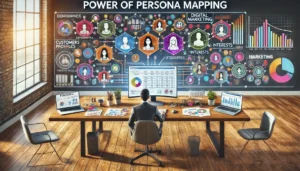 A digital illustration of a marketer's desk showcasing the concept of persona mapping for e-commerce and digital marketing, with a computer screen displaying diverse customer profiles connected by colourful lines and icons, surrounded by marketing tools and analytics charts. Text reading Power Of Persona Mapping is subtly integrated into the design.