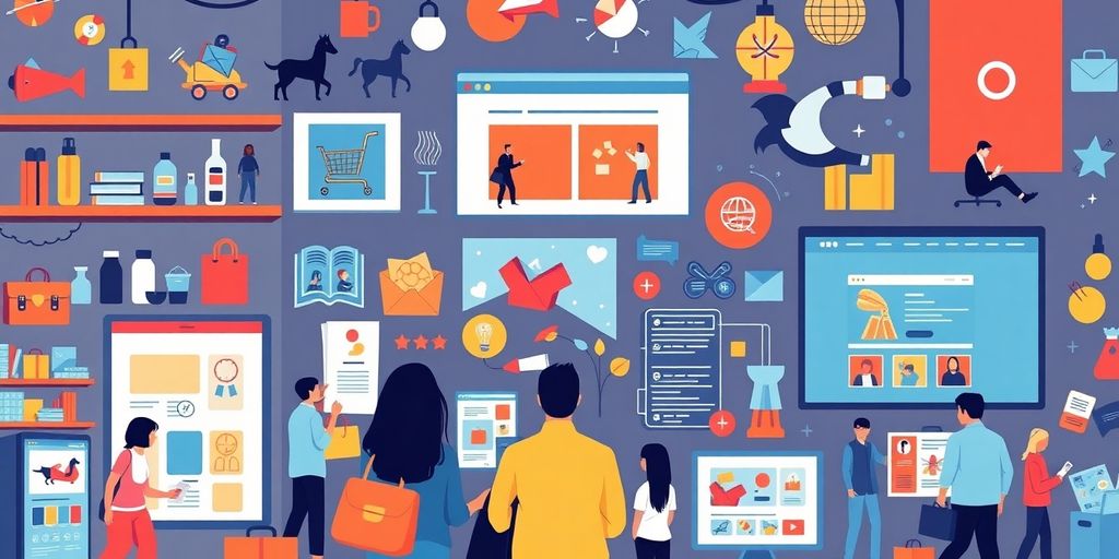 Illustration of people interacting with various digital marketing tools, showcasing eCommerce strategies amidst dependency on Facebook and Google. The visual includes icons for online stores, analytics, and alternative marketing approaches.