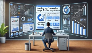 A digital illustration of a marketer setting up conversion tracking for Google Ads PPC for small businesses, featuring a dashboard with analytics data, conversion goals, and tools like Google Analytics displayed on screens.