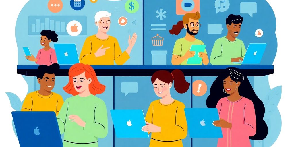 A vibrant illustration of diverse individuals working collaboratively on digital devices, representing the Power Of Persona Mapping in e-commerce and digital marketing, with icons symbolising shopping, communication, and analytics in the background.