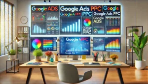 A professional and vibrant digital marketing workspace showcasing Google Ads PPC dashboards and analytics, with charts, graphs, and keywords highlighted on multiple monitors in a sleek modern office setting. The text Areas of Google Ads PPC is subtly visible in the background.