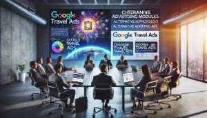 A professional meeting room with executives collaborating around a modern conference table, discussing innovative advertising modules for the travel industry. Laptops display analytics and travel content, while a vibrant digital projection showcases Google Travel Ads and alternative advertising proposals.