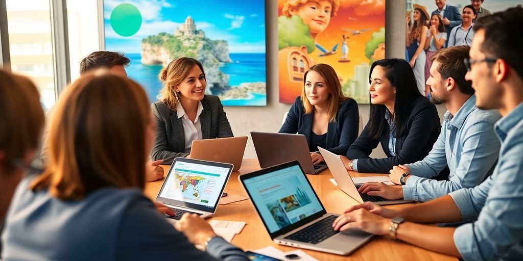 A team of professionals collaborating in a bright office space, discussing travel marketing strategies, with laptops displaying maps and travel-related websites, highlighting the power of Google Travel Ads.