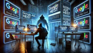 A tense cybercrime scene depicting a hacker in a dark room surrounded by computer screens, highlighting "The Great Google Ads Heist" with stolen Google Ads data displayed on the monitors.