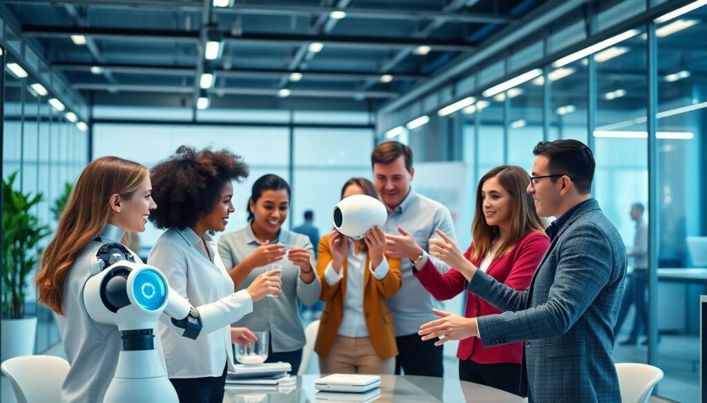 A group of professionals enthusiastically interacting with a humanoid robot in a modern office environment, symbolising the benefits of AI in fostering collaboration, innovation, and productivity.