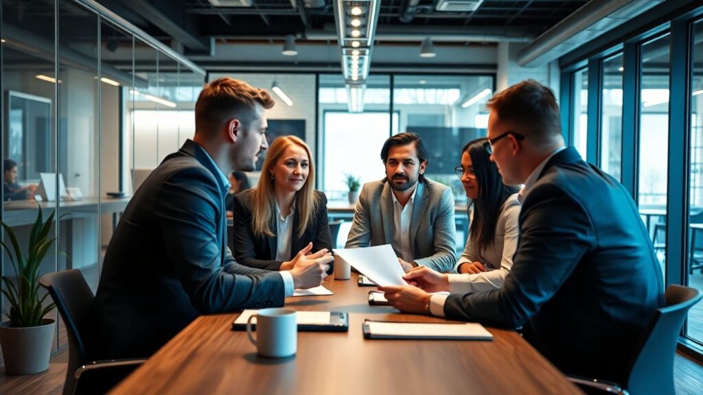 AdWords Users in a corporate meeting discussing advertising strategies.