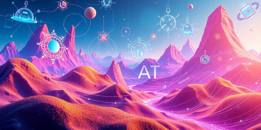 A futuristic landscape with vibrant purple and orange mountains, surrounded by digital elements symbolising advanced technology and innovation, representing Google Ads Major AI Initiative.