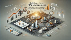  Infographic representing PPC Management Frameworks, focusing on building long-term PPC strategies for sustainable growth with goal-setting icons like targets, roadmaps, and upward-trending graphs.