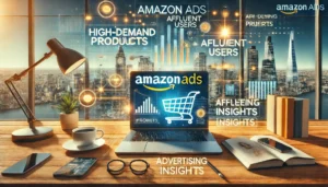 Amazon Ads interface displayed on a laptop on a desk, surrounded by elements like a coffee cup, tech gadgets, and an urban cityscape outside the window, symbolising the power of Amazon Ads for UK brands and targeting affluent, urban demographics.