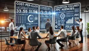 A modern digital marketing team analysing data on large screens in an office, focusing on cost-per-click and conversion rates. Charts and graphs represent data-driven decision-making strategies, with a visual pathway from clicks to conversions. The phrase Conversion Focused PPC Agencies appears on the screens and charts.