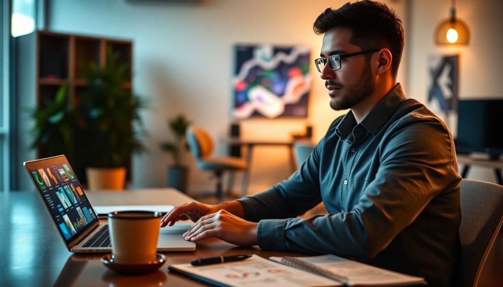 A focused professional working on a laptop in a modern office setting, symbolizing the importance of monitoring and managing Google Ads PPC for small businesses. A notebook and coffee cup are on the desk, with a blurred chart in the background.