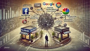 Conceptual illustration showing eCommerce's digital dependency on Facebook and Google in a futuristic 2025 setting. A tangled web connects these platforms to an online store, symbolizing challenges like rising costs and shrinking reach, alongside subtle elements of diversification strategies.