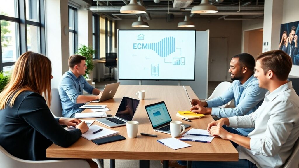 A team of professionals collaborating in a meeting room, analysing Ecommerce PPC strategies on a large screen.