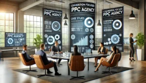 A professional office setting showing a business team evaluating the portfolio of a PPC agency. Screens display campaign success metrics, case studies, and industry insights, emphasizing decision-making. Keywords Conversion Focused PPC Agencies are integrated on a central monitor, highlighting expertise and focus.