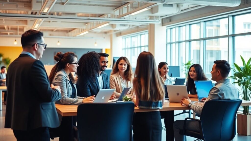 A group of colleagues in a collaborative meeting, discussing growth strategies for UK Ecommerce businesses. Reflects how Ecommerce PPC agencies help UK businesses grow.