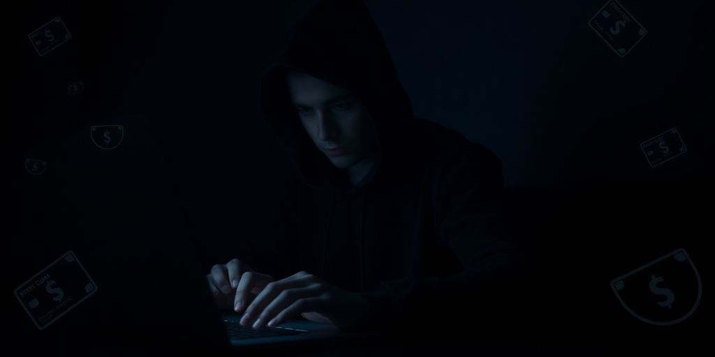 A hooded figure working on a laptop in darkness.