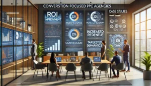 A sleek digital marketing office showing case studies of successful campaigns on large screens. Metrics like ROI improvement, increased revenue, and demographic targeting are highlighted. The phrase Conversion Focused PPC Agencies appears subtly on the displays, emphasizing expertise and results.