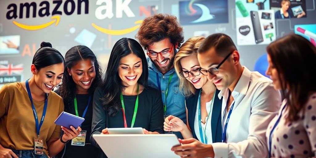 A diverse group of professionals gathered around a tablet, collaborating and smiling, symbolising the effectiveness and teamwork in leveraging Amazon Ads for UK brands to target urban, affluent audiences.