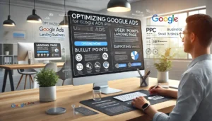 A digital illustration of a marketer designing a user-friendly landing page optimized for Google Ads PPC for small businesses, featuring clear headlines, bullet points, a strong call-to-action button, and visuals supporting the page's message.