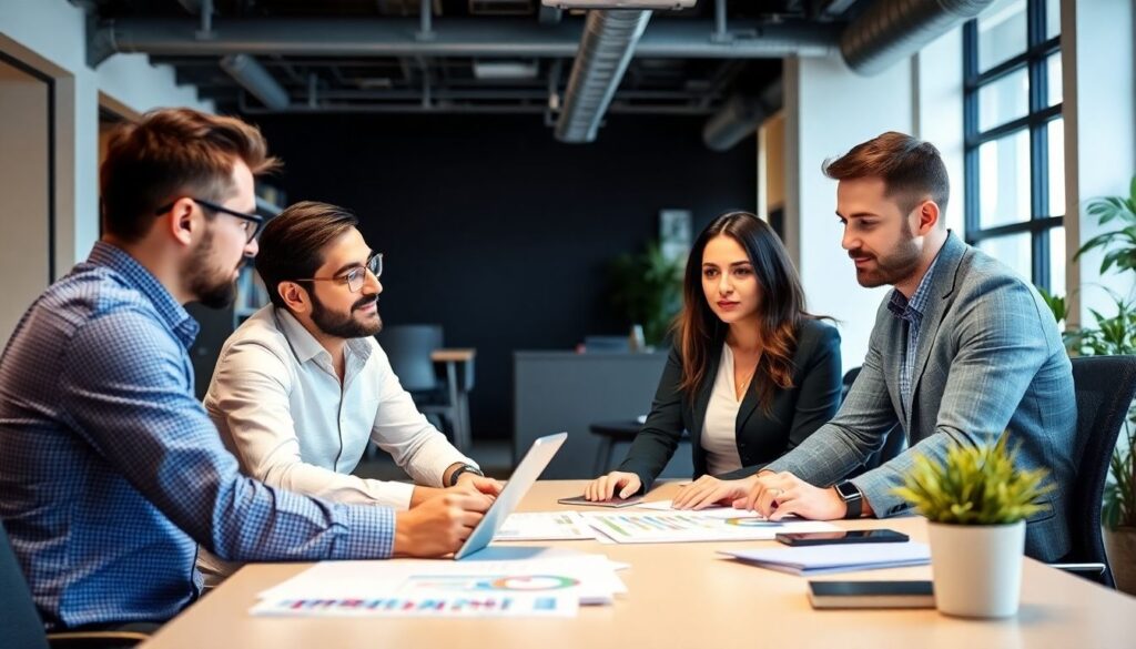 A group of professionals collaborating around a table in a modern office setting, discussing digital marketing strategies. The scene conveys teamwork and expertise, representing the focus of Conversion Focused PPC Agencies on delivering results through collaboration.