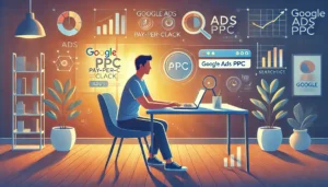 A digital illustration of a small business owner working on a laptop, surrounded by icons representing Google Ads PPC concepts like a pay-per-click button, search bar with ads highlighted, and analytics graphs. The scene is set in a modern, professional workspace with warm lighting.