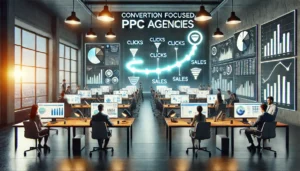 A dynamic digital marketing office scene showing professionals working on PPC campaigns with large computer monitors displaying analytics and conversion tracking. A glowing pathway symbolizes the journey from clicks to sales, emphasizing conversion-focused strategies. The words Conversion Focused PPC Agencies appear subtly on screens and charts.