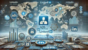 Professional digital artwork illustrating LinkedIn Ads strategies, featuring a sleek dashboard with LinkedIn analytics, global map backdrop, and GDPR compliance elements like locks and symbols, all in LinkedIn's signature blue and white palette.