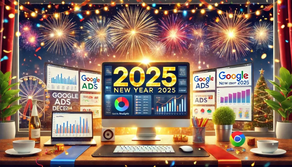 PPC News December 2024 - Celebrating New Year 2025 with fireworks, Google Analytics, Google Ads dashboards, and ad creatives.