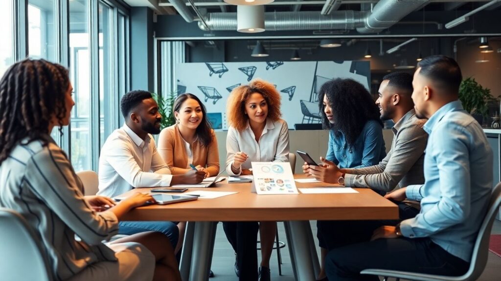 A diverse team of professionals collaborating in a modern office setting, discussing supplier issues with documents and tablets on the table.