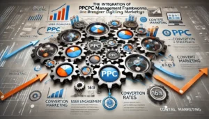 Infographic illustrating PPC Management Frameworks, focusing on the synergy between PPC and content marketing. Features interlocking gears symbolising collaboration, with icons for engagement, conversion rates, and consistent messaging.