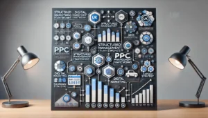 Infographic illustrating PPC Management Frameworks, showcasing hierarchical steps and digital marketing icons like data analysis and campaign strategies, tailored for UK enterprises in a sleek 16:9 design.