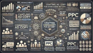  Infographic depicting PPC Management Frameworks with a focus on crafting compelling ad copy for diverse audience segments, including demographic charts, behavioural flow diagrams, and interest-based icons.