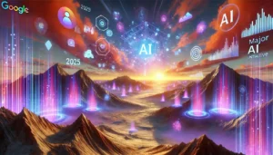 A futuristic digital landscape with vibrant purple and orange mountains under a sky filled with holographic AI interfaces, representing Google Ads Major AI Initiative.