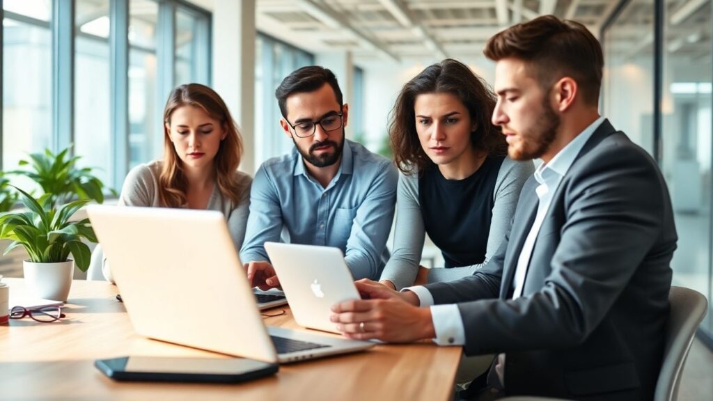 A group of professionals reviewing performance data on laptops, working together to spot Google Ads Audit Red Flags.