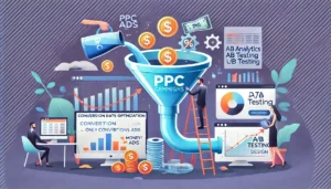 Conversion Rate Optimisation (CRO) visualised through a PPC campaign funnel. Money is being poured into ads at the top, while only a few conversions trickle out at the bottom. Chris from PPC Geeks is optimising the process using data analytics, A/B testing, and UX design tools to improve the conversion flow.