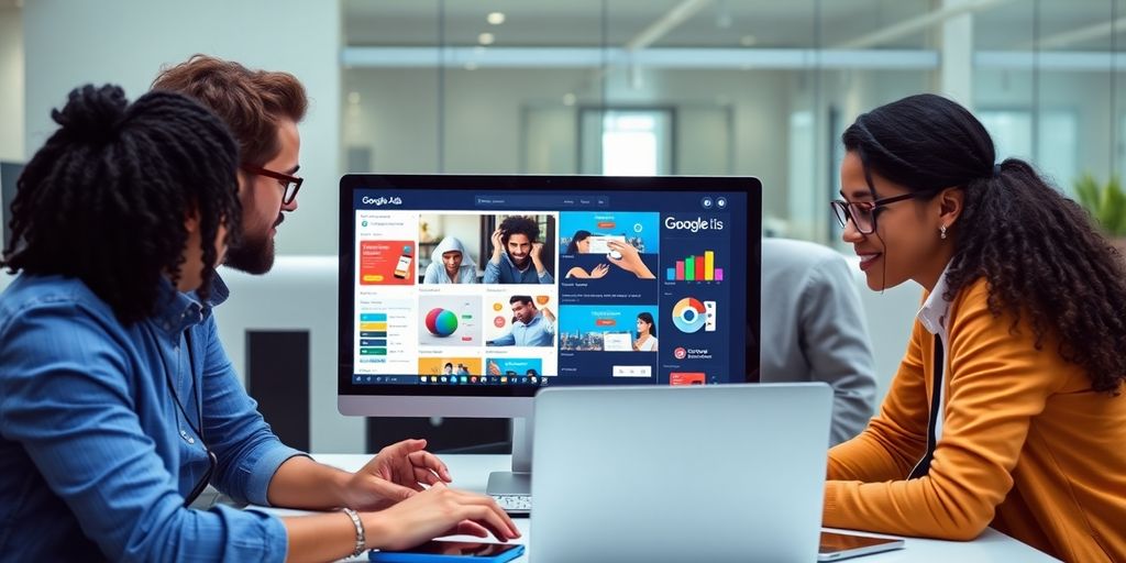 Two business professionals discussing strategies while viewing Google Ads for Businesses data and campaign analytics on a computer screen in a modern office setting.