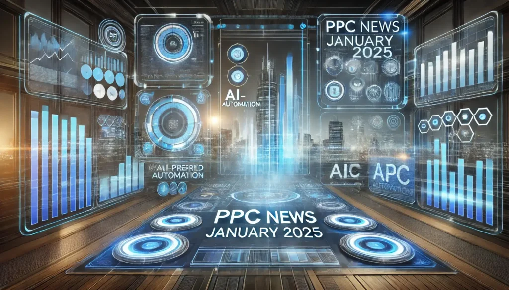 PPC News January 2025 - Futuristic AI-powered PPC advertising with holographic dashboards, performance analytics, and a high-tech digital marketing interface.