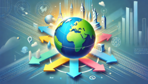 A bright, stylised illustration featuring a globe at the centre with large coloured arrows radiating outwards, surrounded by iconic landmarks and data-inspired graphics