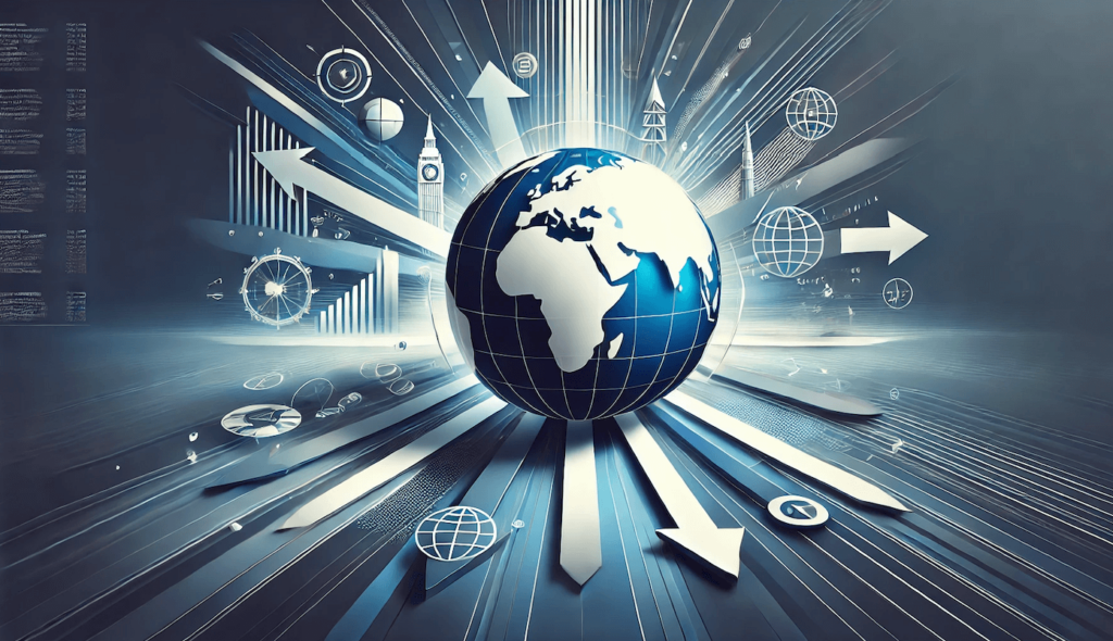 A stylised, futuristic illustration of a globe in the centre with white arrows radiating outward, symbolising global expansion amid modern data elements