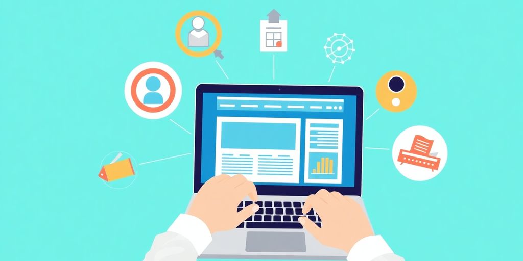 Conversion Rate Optimisation concept illustrated with hands typing on a laptop surrounded by digital marketing icons, including user profiles, analytics graphs, and a calendar, symbolising streamlined digital strategies.