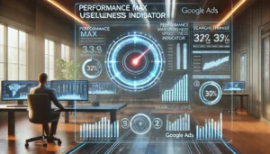 A futuristic digital dashboard displaying the Performance Max Usefulness Indicator, with analytics charts, graphs, and a performance gauge showing traffic impact. A digital marketer is analysing the screen in a high-tech workspace with a Google Ads theme.