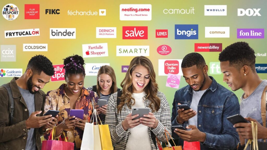 A diverse group of UK shoppers holding shopping bags and using their smartphones, surrounded by brand logos, illustrating strategies for reaching UK shoppers through targeted digital campaigns.