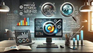 Digital marketing professional analysing PPC campaign success with three key principles: precise keyword targeting, compelling ad creatives, and data-driven optimisation.