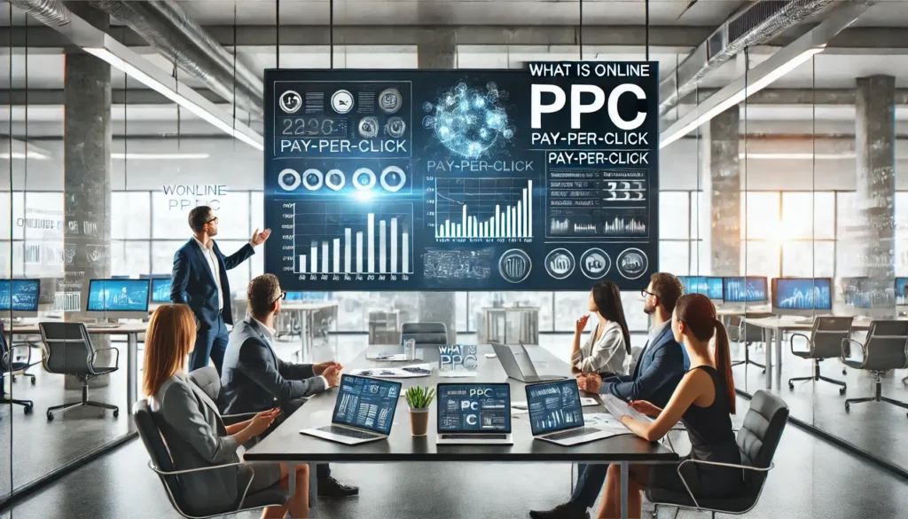 A modern digital marketing workspace where professionals discuss PPC strategies, with a large screen displaying What is Online PPC analytics and graphs.