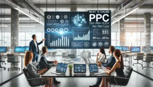 A modern digital marketing workspace where professionals discuss PPC strategies, with a large screen displaying What is Online PPC analytics and graphs.