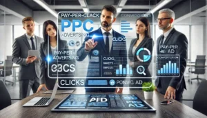 What is an Example of a PPC? A business team analysing PPC advertising data on a digital screen with key metrics and campaign insights.