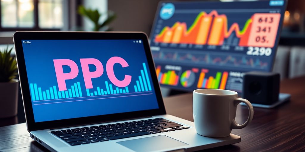 What Does PPC Mean – Laptop displaying PPC analytics with a digital marketing dashboard in the background