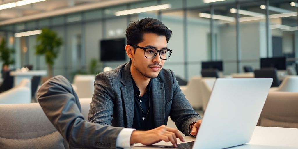 Person using laptop in a modern office environment.