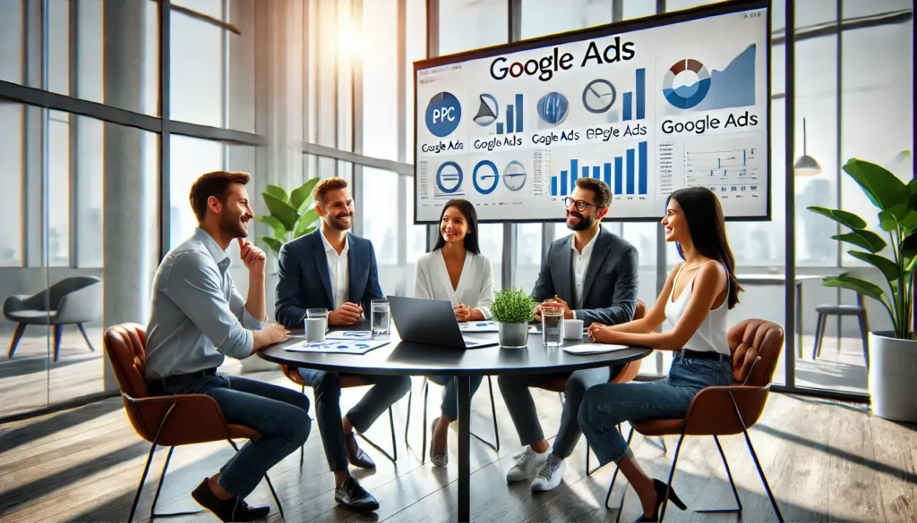 A team of marketing professionals discussing the PPC Model in Google Ads in a modern office setting. A laptop on the table displays campaign performance charts while the team collaborates enthusiastically.