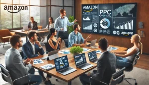 A team of professionals in a modern office discussing Amazon PPC strategies. A large screen displays charts and graphs related to Amazon PPC campaigns. This represents a focused discussion on What is Amazon PPC Agency.